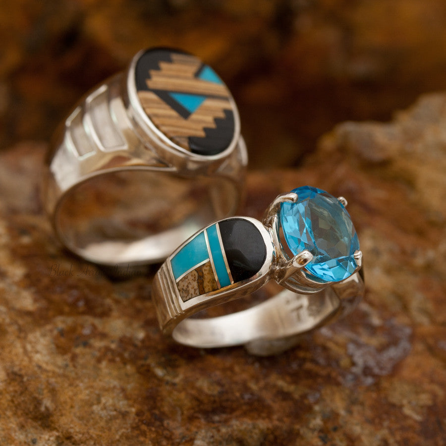 David Rosales Couples' Set Turquoise Creek Inlaid Sterling Silver Ring