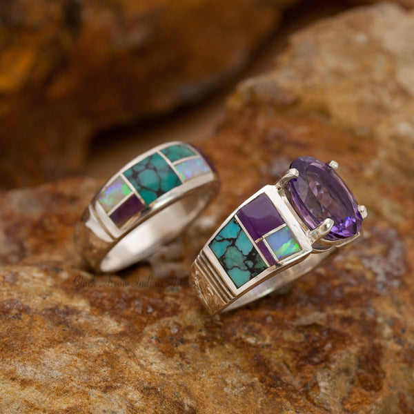 David Rosales Couples' Set Shalako Inlaid Sterling Silver Ring