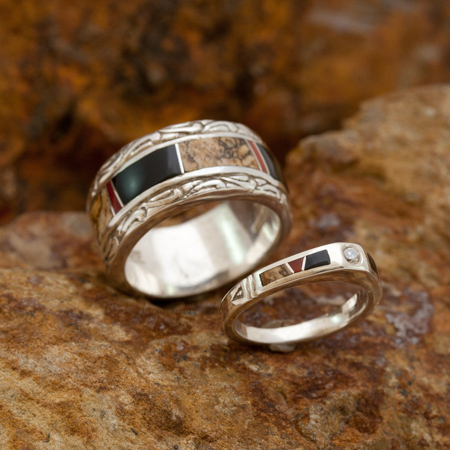 David Rosales Couples' Set Fire Creek Inlaid Sterling Silver Ring