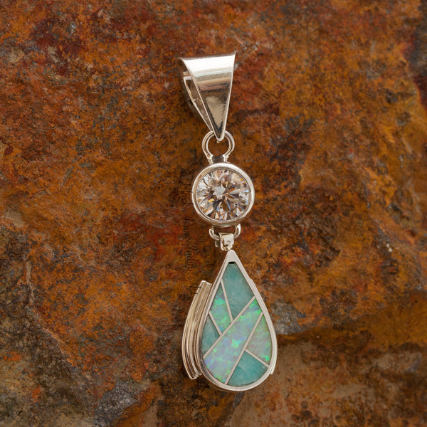 David Rosales Amazing Light Teardrop Inlaid Sterling Silver Pendant With Brilliant Cubic Zirconia