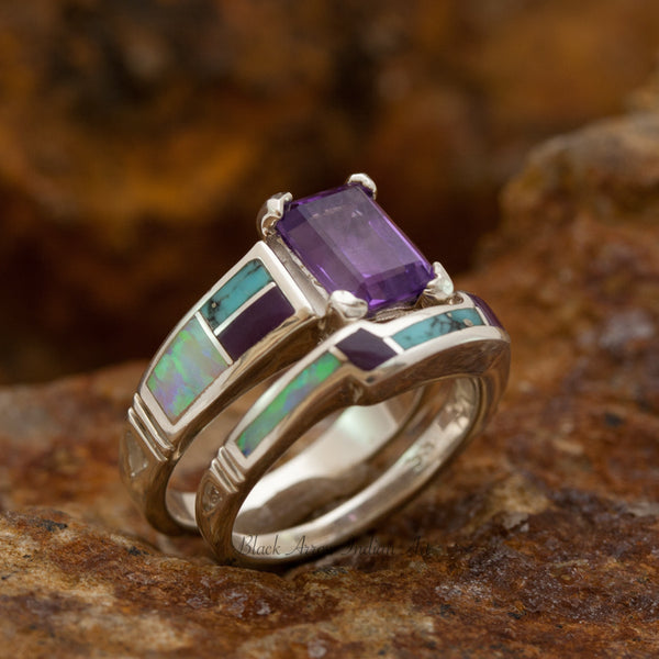 David Rosales Demure Shalako Inlaid Sterling Silver Ring Set