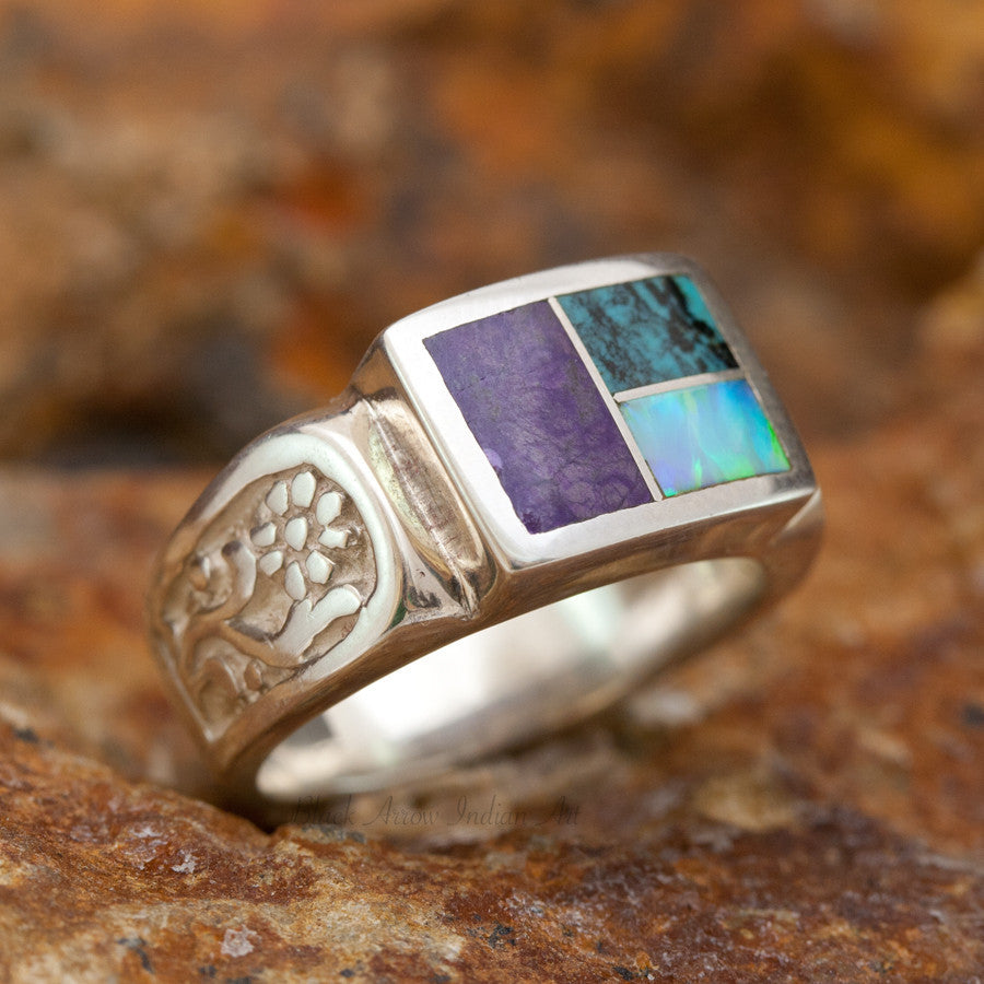 David Rosales Shalako Flower Inlaid Sterling Silver Ring