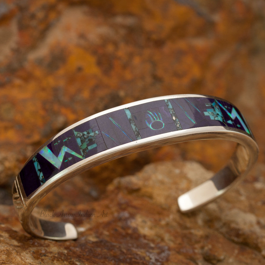 David Rosales Shalako Petroglyph Inlaid Sterling Silver Bracelet