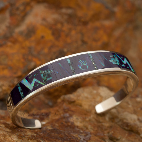 David Rosales Shalako Petroglyph Inlaid Sterling Silver Bracelet