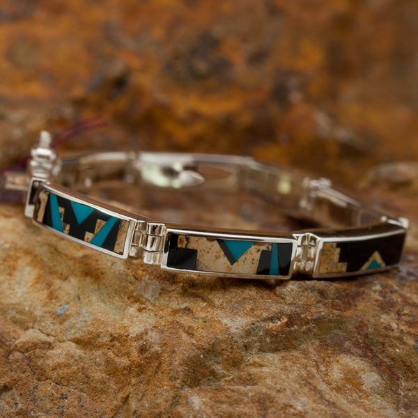 David Rosales Big Link Turquoise Creek Inlaid Sterling Silver Bracelet