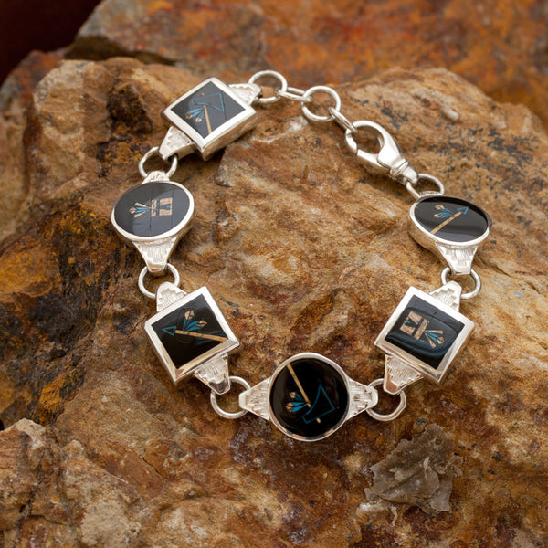 David Rosales Turquoise Creek Broken Arrow Inlaid Sterling Silver Toggle Bracelet