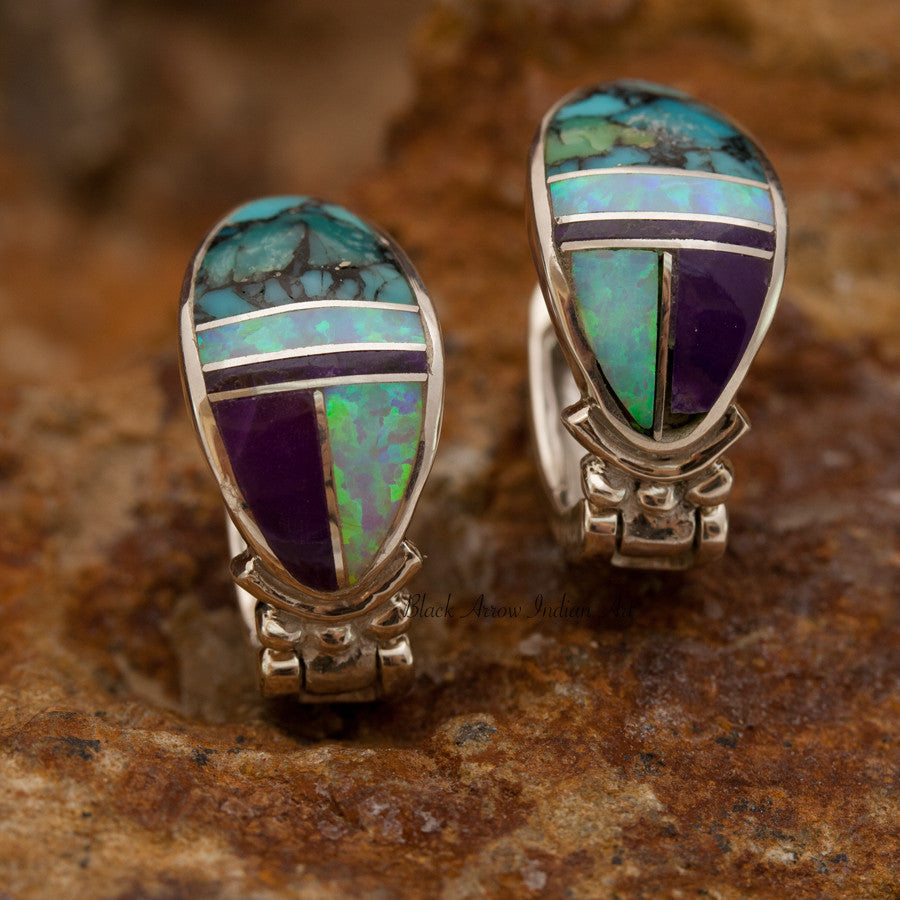 David Rosales Shalako Inlaid Sterling Silver Huggie Earrings