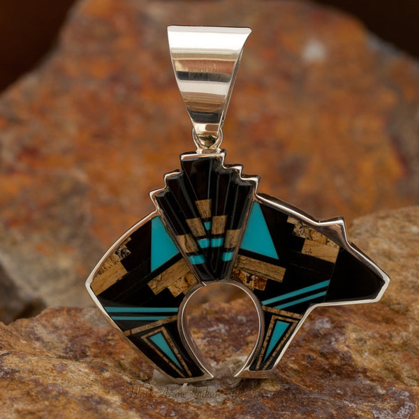 David Rosales Turquoise Creek Inlaid Sterling Silver Bear Pendant