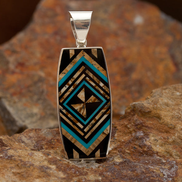 David Rosales Turquoise Creek Diversion Inlaid Sterling Silver Pendant