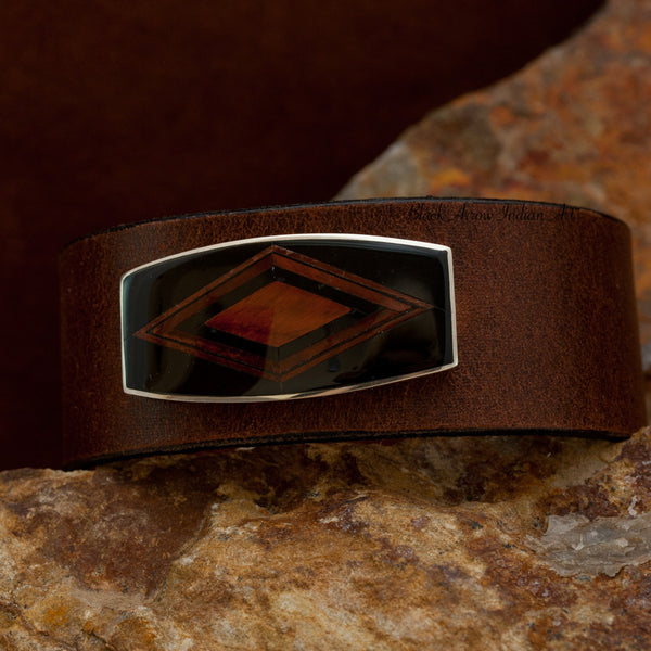 David Rosales Black Tiger Inlaid Sterling Silver and Leather Strap Bracelet