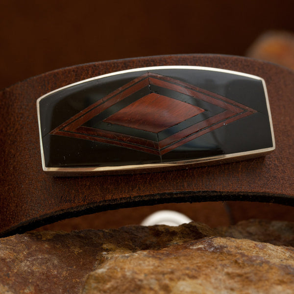 David Rosales Black Tiger Inlaid Sterling Silver and Leather Strap Bracelet