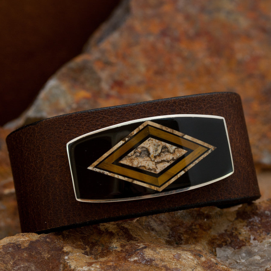 David Rosales Native Earth Inlaid Sterling Silver and Leather Strap Bracelet
