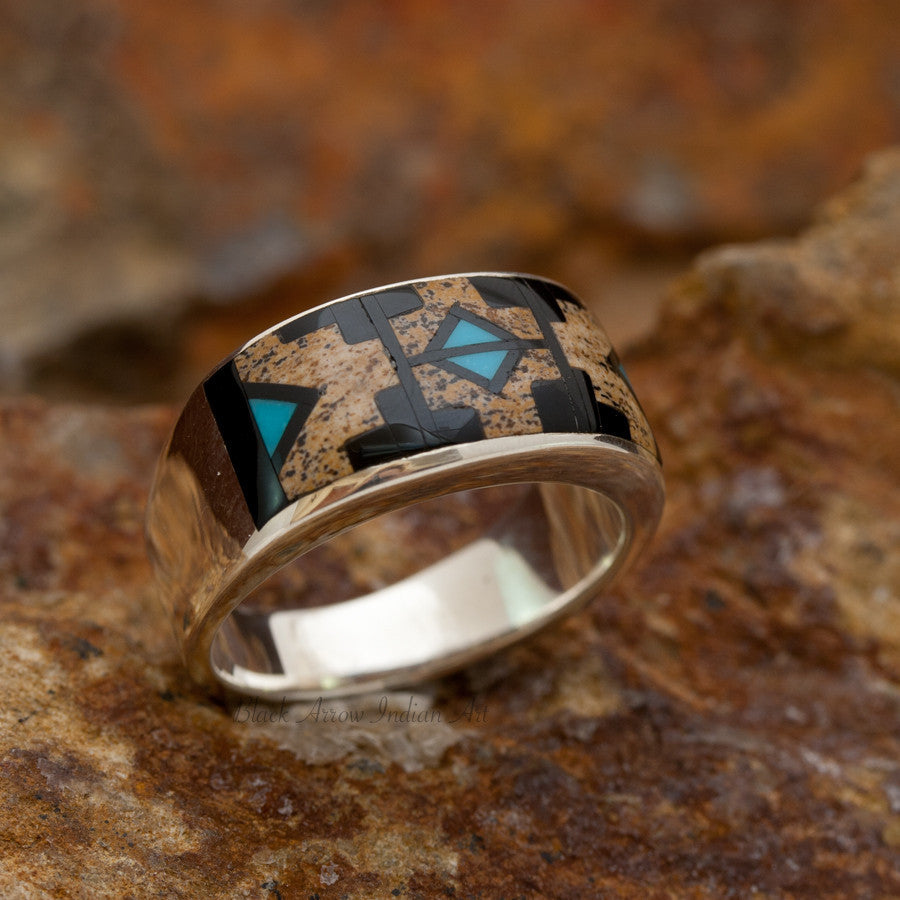 David Rosales Turquoise Creek Totem Inlaid Sterling Silver Ring