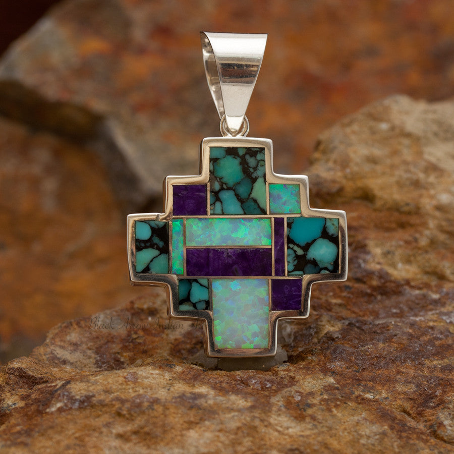 David Rosales Shalako Inlaid Sterling Silver Two-Sided Cross Pendant