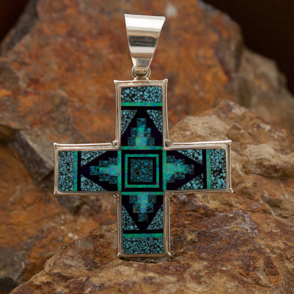 David Rosales Shalako Inlaid Sterling Silver Two-Sided Cross Pendant