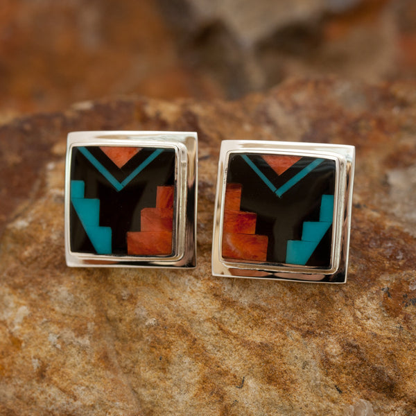 David Rosales Red Canyon Abstraction Inlaid Sterling Silver Earrings