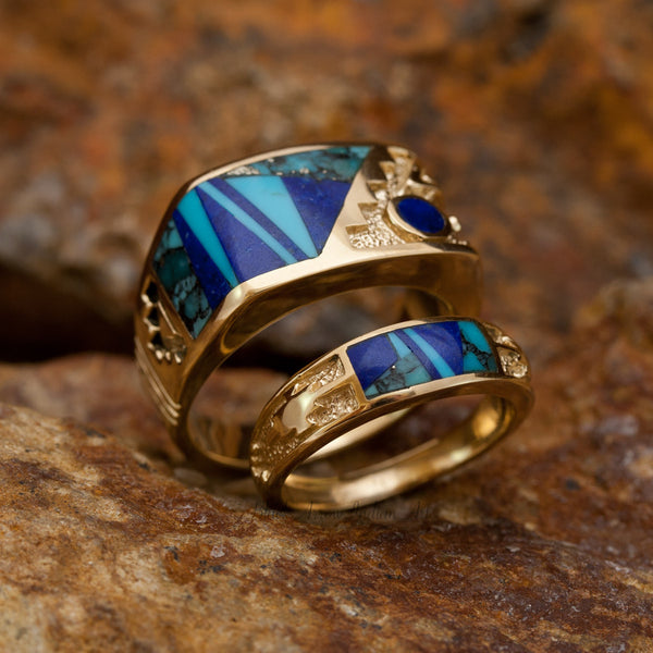 David Rosales Couples' Set Blue Mountain Inlaid 14K Gold Rings