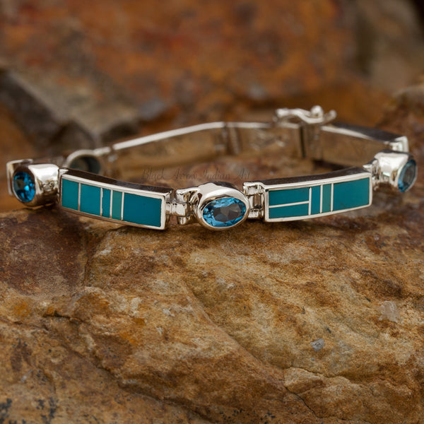 David Rosales Big Link Arizona Blue Inlaid Sterling Silver Bracelet