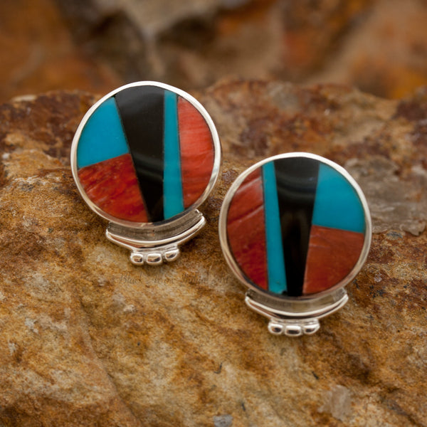 David Rosales Red Canyon Round Inlaid Sterling Silver Earrings