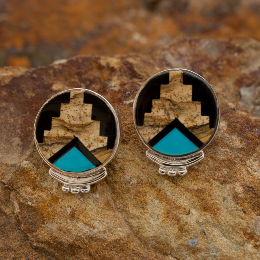David Rosales Turquoise Creek Round Inlaid Sterling Silver Earrings
