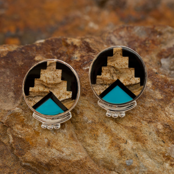 David Rosales Turquoise Creek Round Inlaid Sterling Silver Earrings