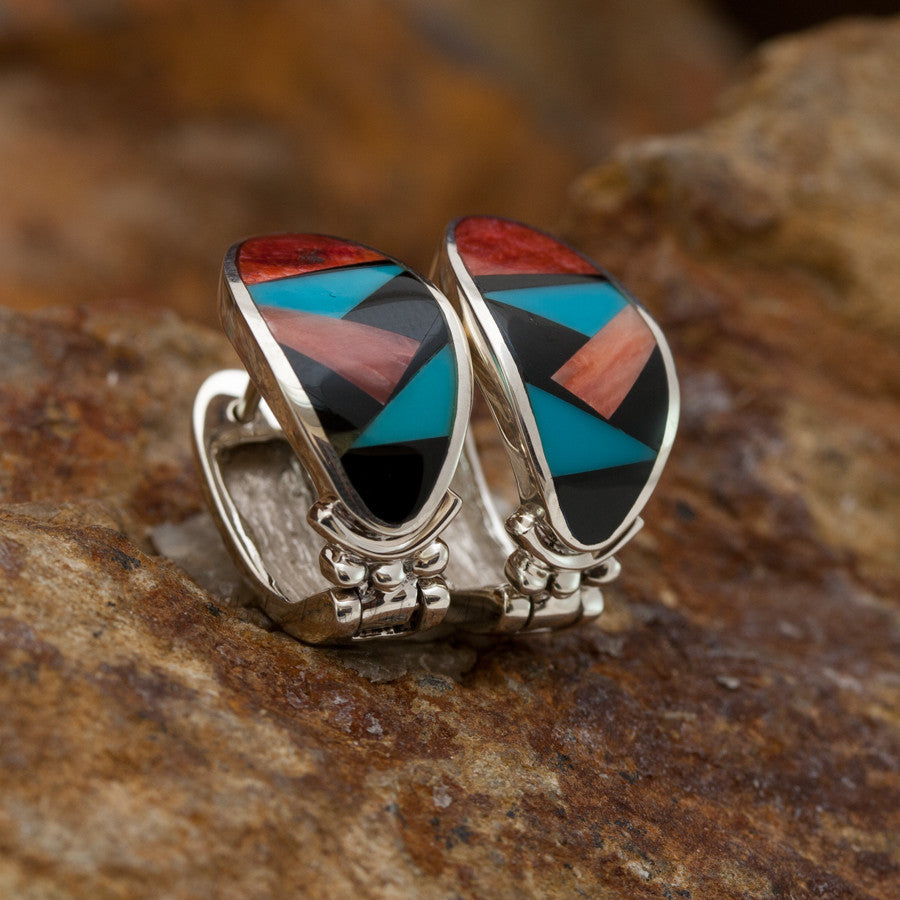 David Rosales Red Canyon Inlaid Sterling Silver Huggie Earrings