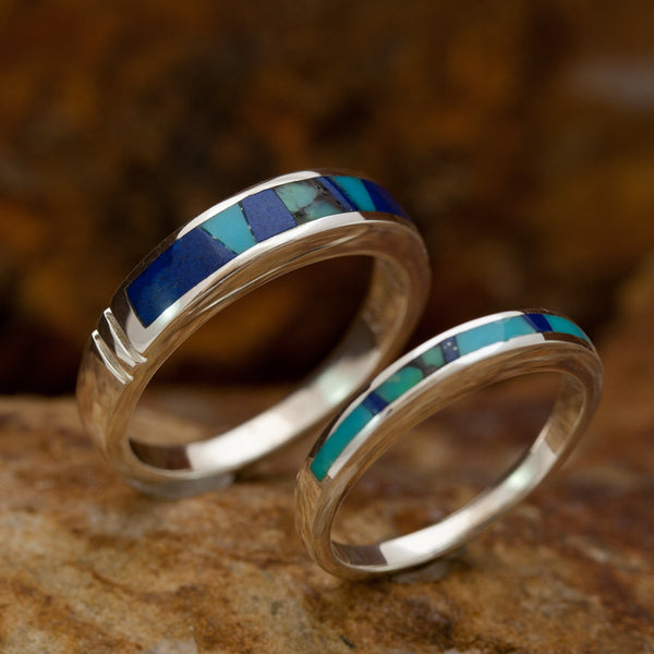 David Rosales Couples' Set Blue Mountain Inlaid Sterling Silver Ring