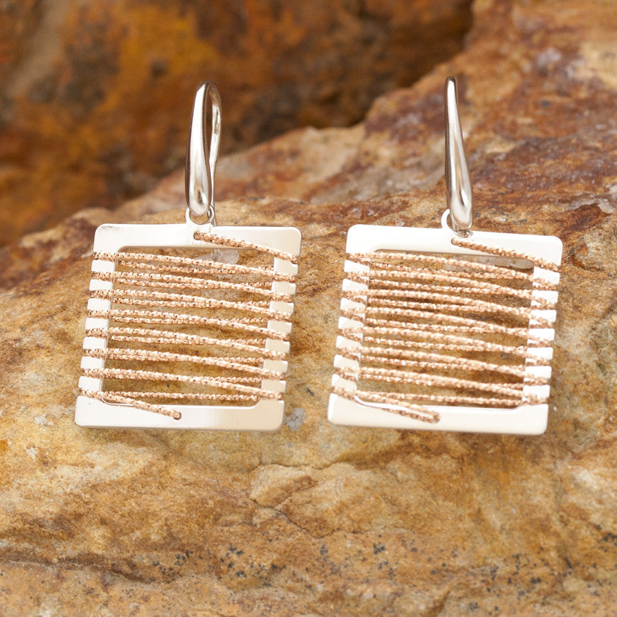 Small Square Rose Gold and Rhodium Wire Earrings