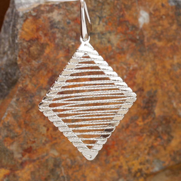 Large Sterling Silver and Rhodium Diamond Shaped Wire Earrings