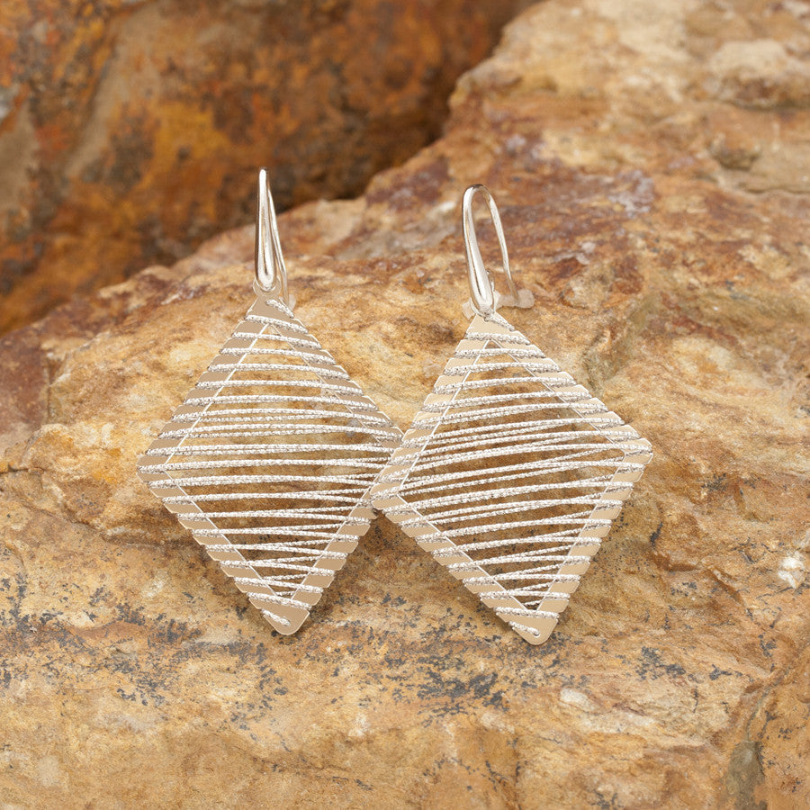 Large Sterling Silver and Rhodium Diamond Shaped Wire Earrings