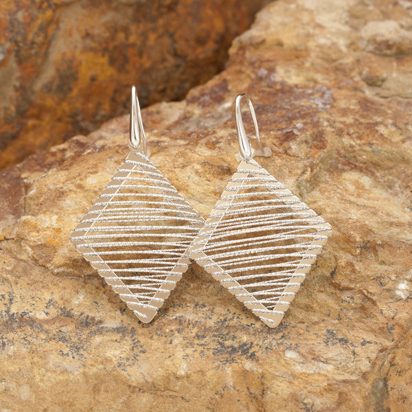 Large Sterling Silver and Rhodium Diamond Shaped Wire Earrings