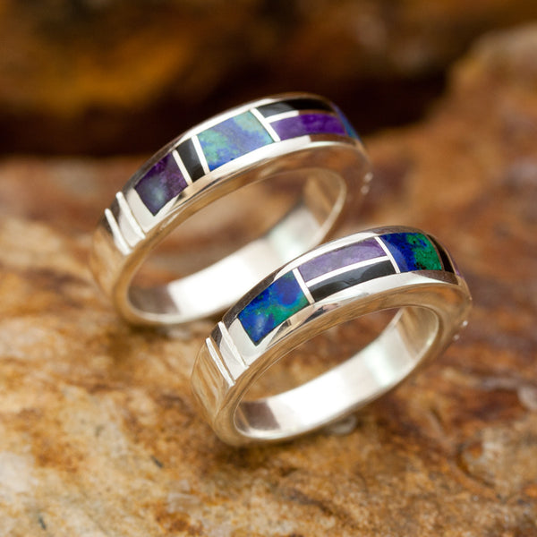 David Rosales Couples' Set Enchanting Earth Inlaid Sterling Silver Ring