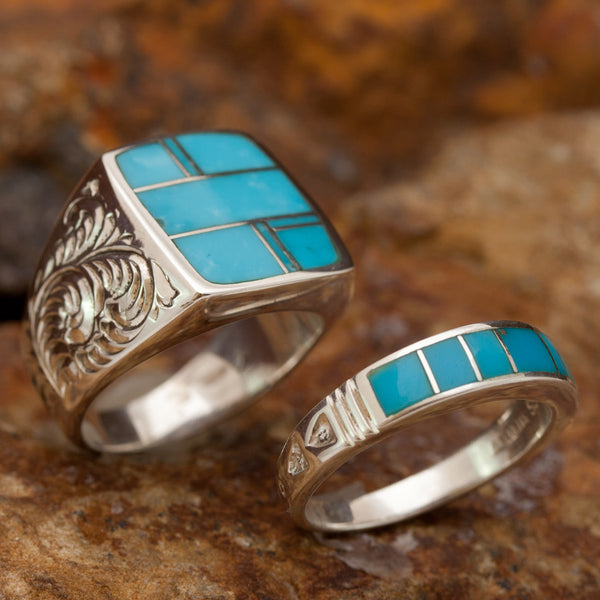 David Rosales Couples' Set Arizona Blue Inlaid Sterling Silver Ring