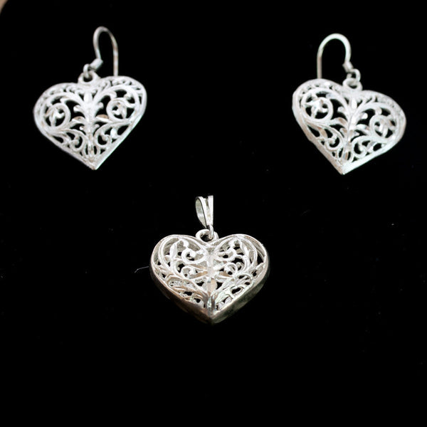 Medium Sterling Silver and Rhodium Intricate Heart Earrings