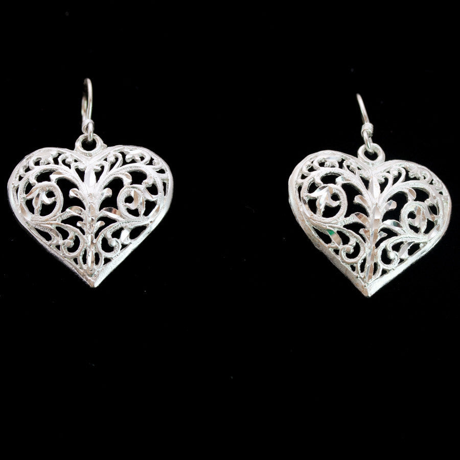 Medium Sterling Silver and Rhodium Intricate Heart Earrings