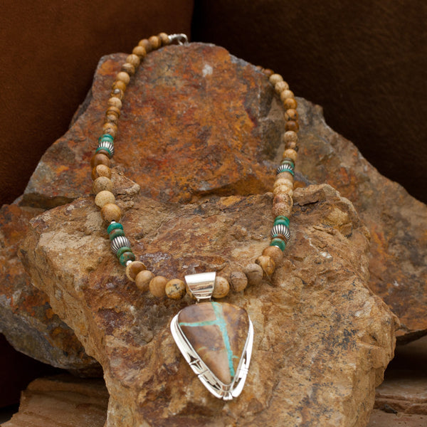 Teardrop Boulder Turquoise Pendant with Boulder Beaded Necklace