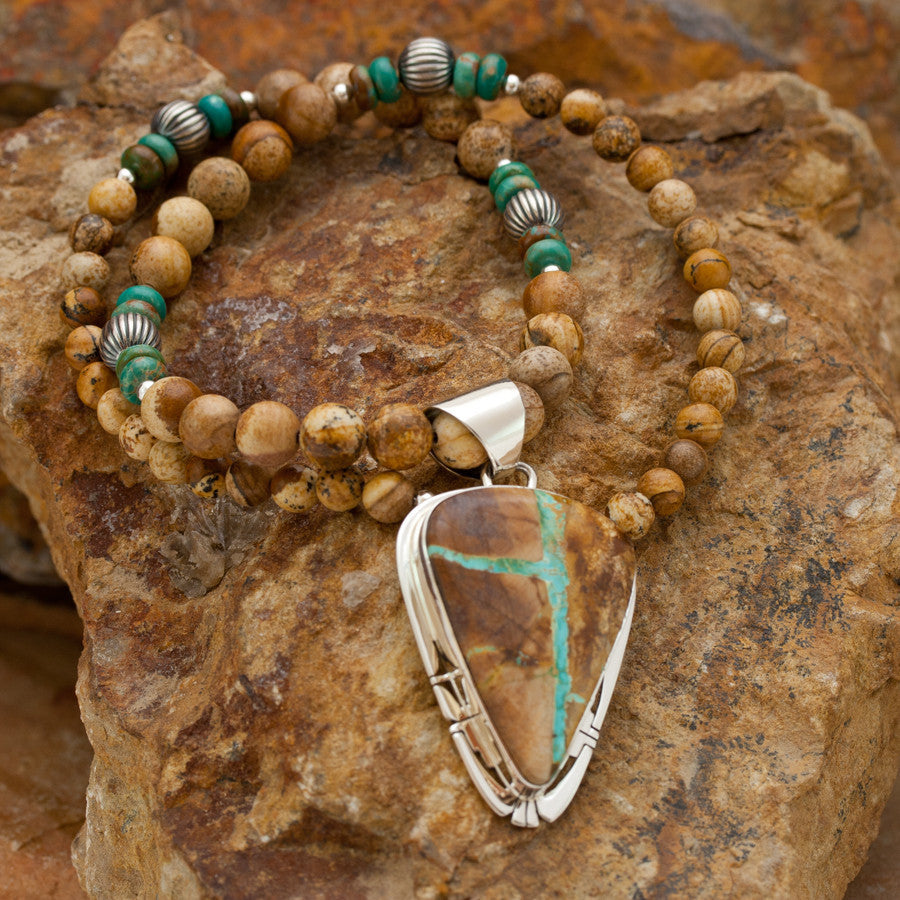 Teardrop Boulder Turquoise Pendant with Boulder Beaded Necklace