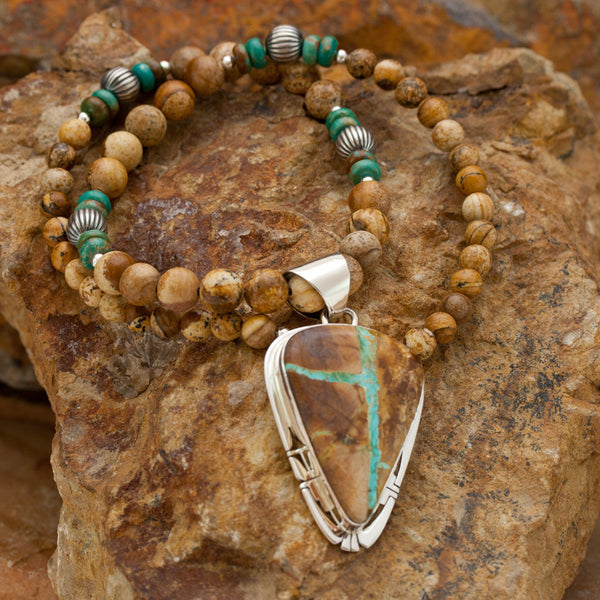 Teardrop Boulder Turquoise Pendant with Boulder Beaded Necklace