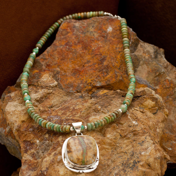 Square Boulder Turquoise Pendant with Boulder Beaded Necklace