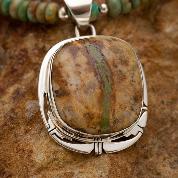 Square Boulder Turquoise Pendant with Boulder Beaded Necklace