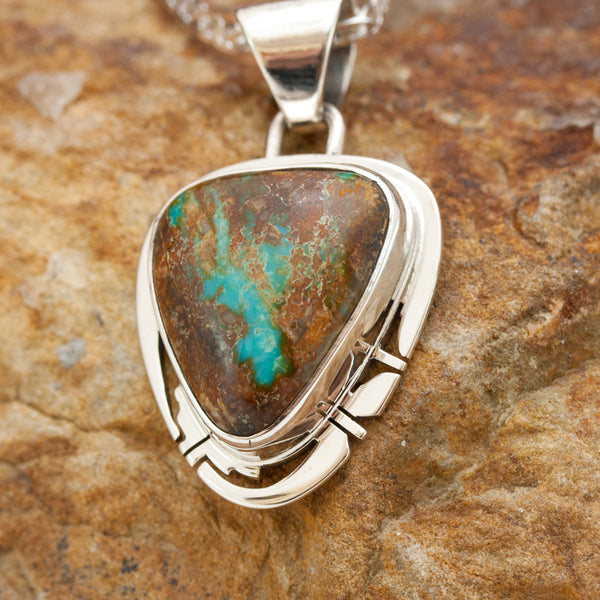 Fiji Triangle Boulder Turquoise Sterling Silver Pendant with Sterling Silver Chain