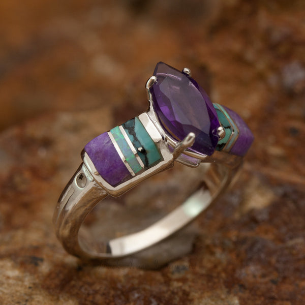 David Rosales Shalako Inlaid Sterling Silver with Marquis Cut Amethyst Ring