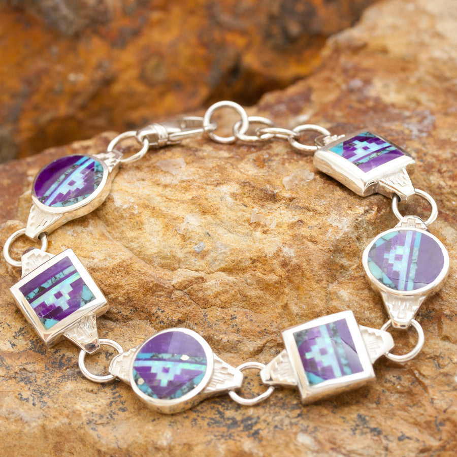 David Rosales Shalako Fancy Inlaid Sterling Silver Toggle Bracelet