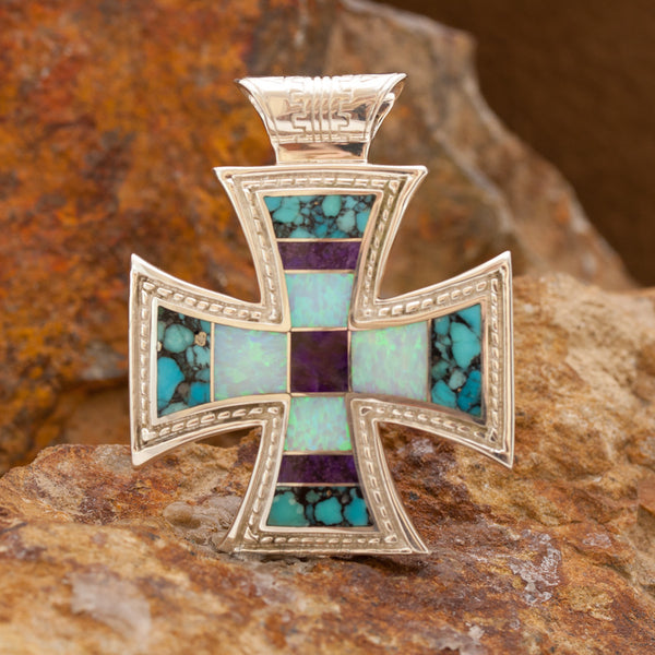 David Rosales Shalako Inlaid Sterling Silver Cross Pendant