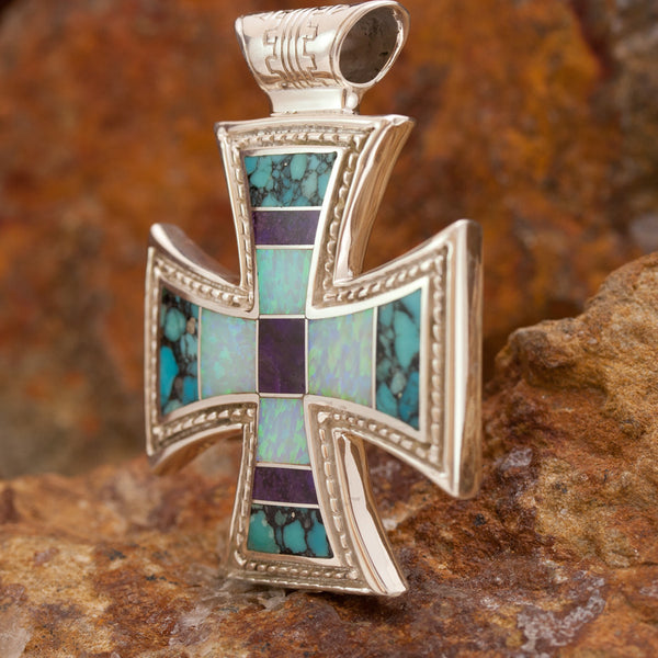 David Rosales Shalako Inlaid Sterling Silver Cross Pendant