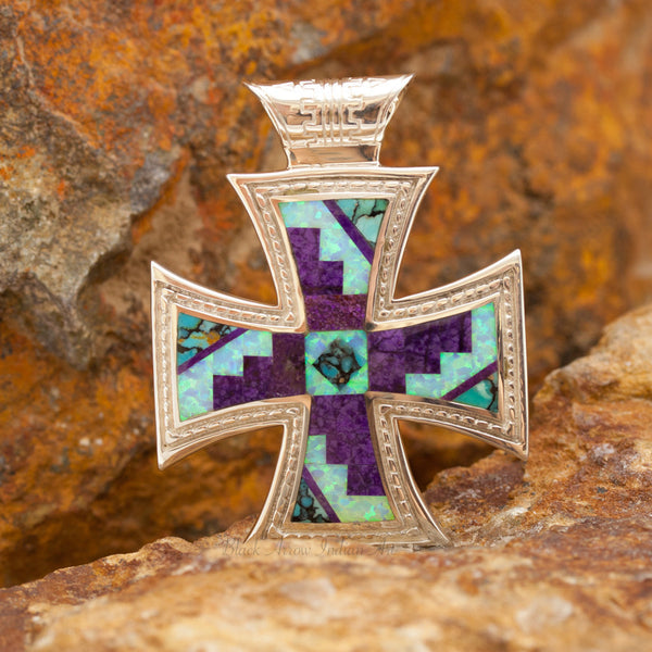 David Rosales Shalako Inlaid Sterling Silver Cross Pendant