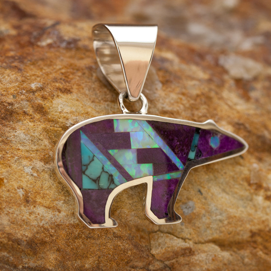 David Rosales Shalako Inlaid Sterling Silver Bear Pendant