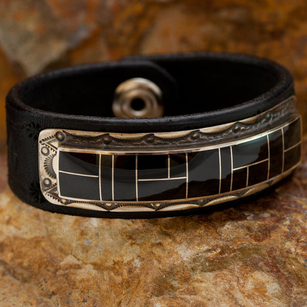 David Rosales Black Jade Inlaid Sterling Silver and Leather Strap Bracelet