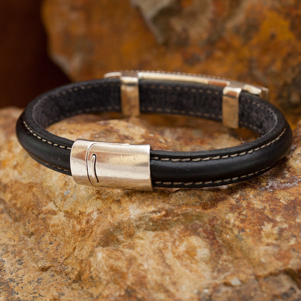 David Rosales Blue Mountain Inlaid Sterling Silver and Leather Strap Bracelet