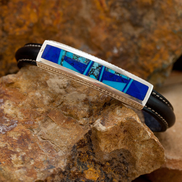 David Rosales Blue Mountain Inlaid Sterling Silver and Leather Strap Bracelet
